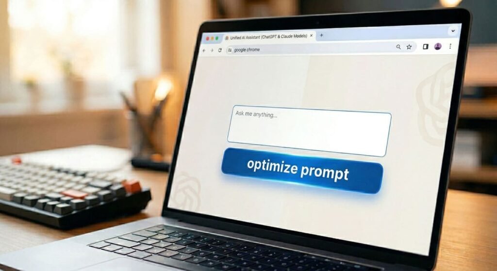 شاشة لابتوب تعرض إضافة MetaPrompt لتسهيل كتابة البرومبت على متصفح كروم