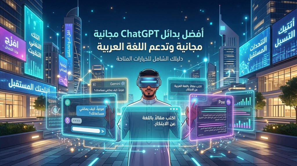 صورة توضيحية تستعرض أفضل بدائل ChatGPT المجانية باللغة العربية لعام 2026